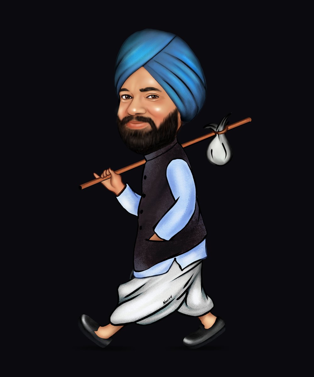 A cartoon of Harjeet as Sardar Tuktuk, walking with a bundle on a stick